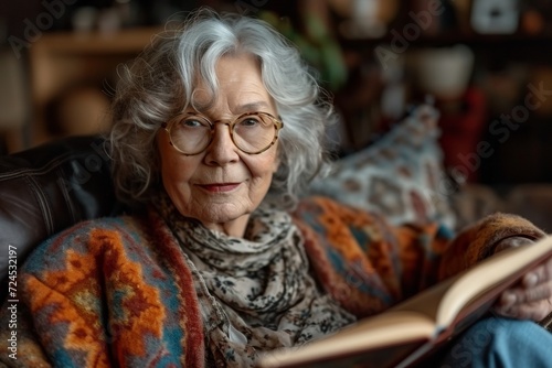 A cheerful and intelligent retired senior woman enjoying a cozy moment, reading a book at home.