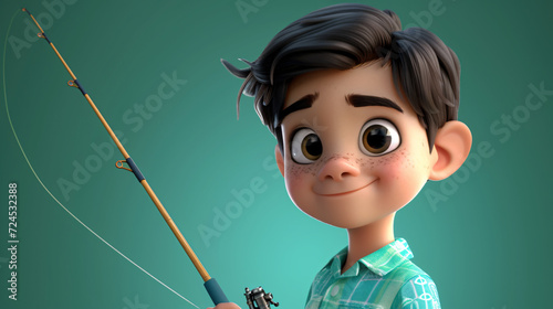 Cheerful 3D cartoon boy wearing a seafoam green shirt, holding a fishing rod in hand, ready for a fun fishing adventure.