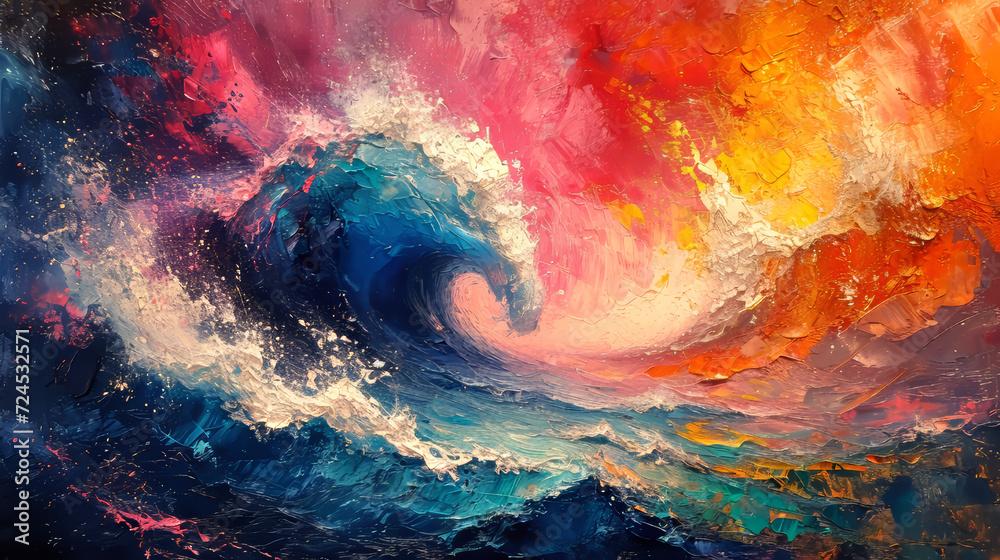 Fototapeta premium Colorful sky and ocean wave abstract background. Oil painting style.