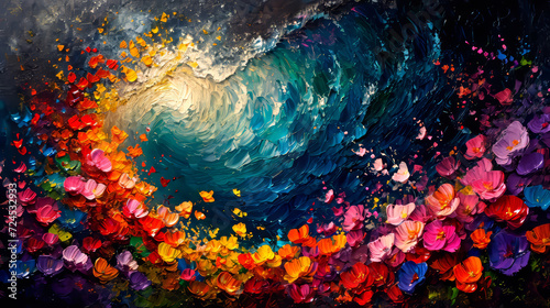 Colorful sky and ocean wave abstract background. Oil painting style.