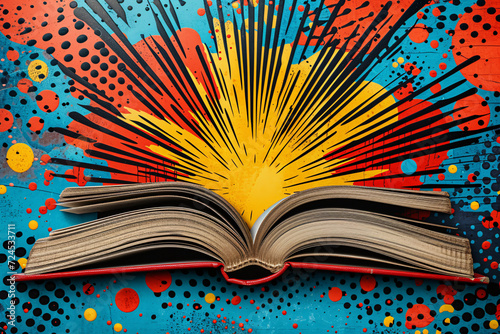 Open book with red and blue pop art explosion background