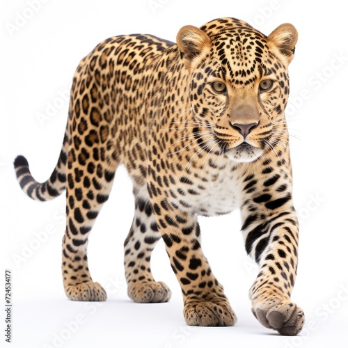 portrait of leopard panthera pardus standing on white background