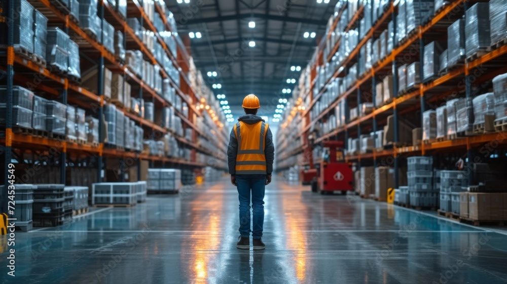Fototapeta premium Worker in hard hat and red uniform in warehouse - back view 
