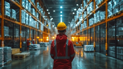 Worker in hard hat and red uniform in warehouse - back view 