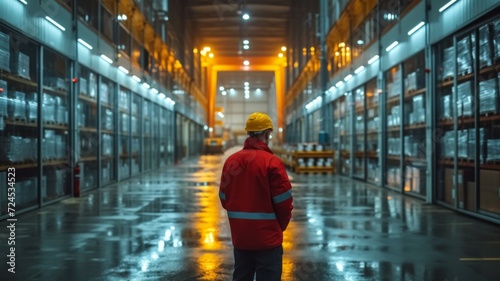 Worker in hard hat and red uniform in warehouse - back view 