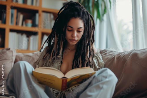 Young woman with dreadlocks reading book at home photo