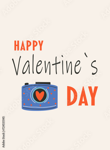 Card template for Saint Valentine's day, 14 february. Hand drawn cards with camera, heart, text.