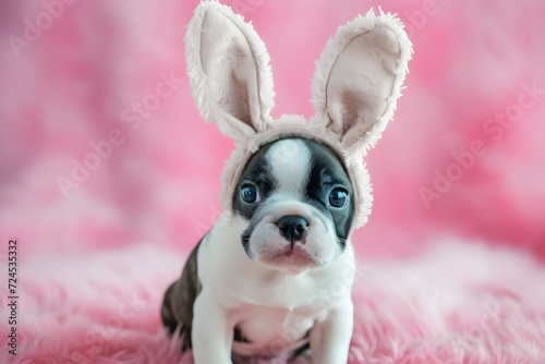 Portrait of a cute puppy wearing easter bunny ears. Happy easter concept