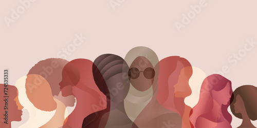 Group silhouette of multicultural women. International women’s day. Diversity - inclusion - equality or empowerment concept. Banner copy space