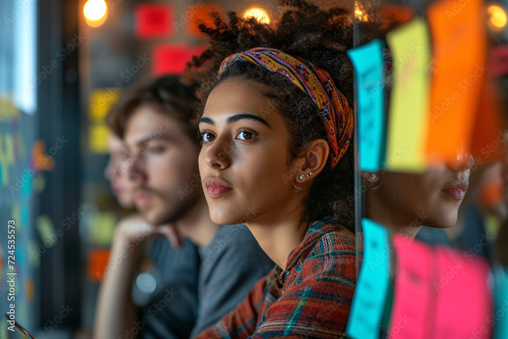 Focused woman with headband among blurred colleagues with sticky notes background Focused woman with headband among blurred colleagues with sticky notes background
