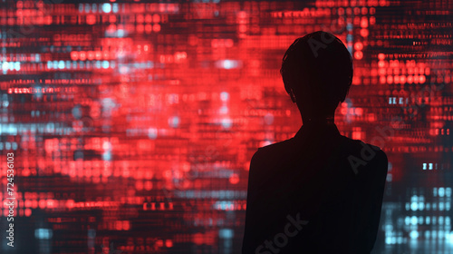 Silhouette von Kopf eines Hackers mit digitalen Zahlen Codes Quellcodes im Hintergrund unscharf Datenschutz Symbol Generative AI
