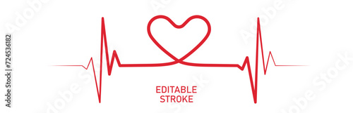 Editable stroke heart diagram with heart, red EKG, cardiogram, heartbeat line vector design to use in healthcare, healthy lifestyle, medical laboratory, cardiology project.
