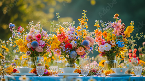 A large, long, decorated, wooden table and chairs, covered with a white tablecloth with dishes, flowers, candles, stands outdoor near the forest in nature. Wedding banquet. lights on background