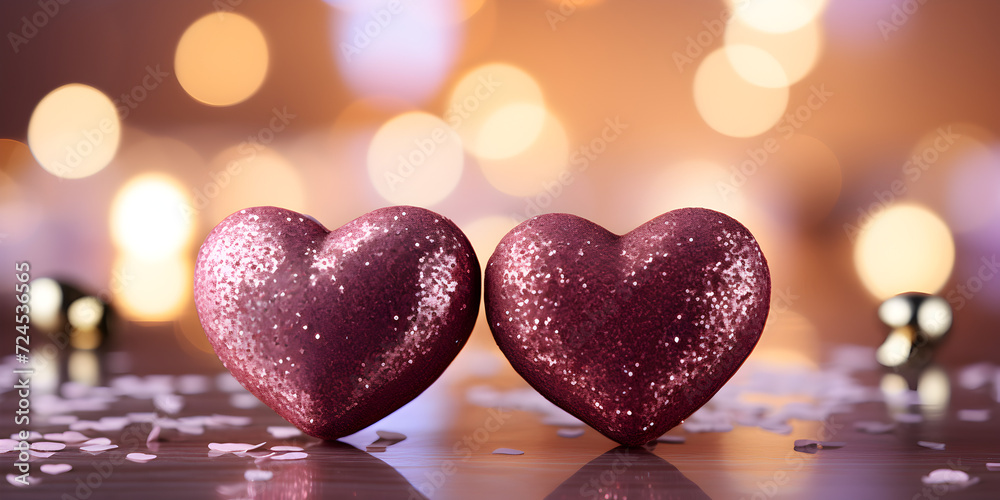 Pink glittering hearts with lights