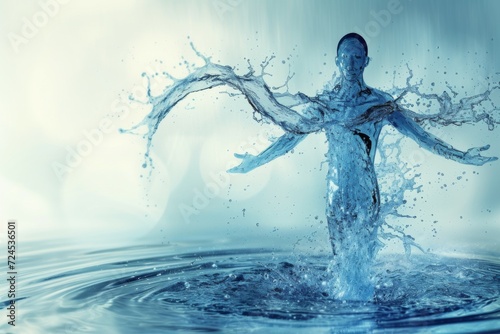 illustration of a cyborg running with splashes, human body made of water with arms open to the side 