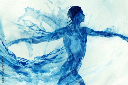 illustration of a cyborg running with splashes, human body made of water with arms open to the side
