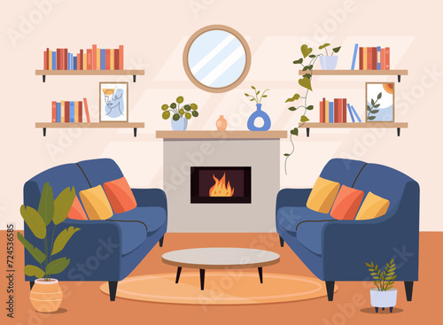 Living room interior. Comfortable sofa, fireplace and house plants. Vector flat cartoon illustration