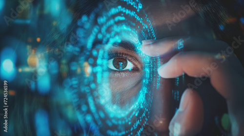 Digitales 3d Auge leuchtet mit Zahlencodes und Quelltext kryptisch symbolisch für Datenschutz und Privatsphäre der Identität schützen Generative AI