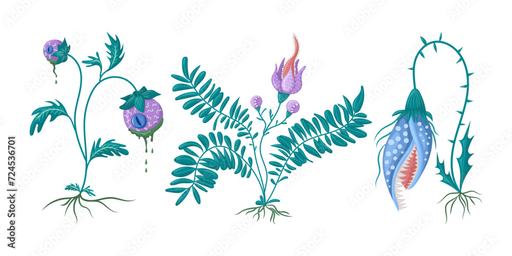 set Fantasy botanical illustration. Isolated vector illustration. For halloween, for games, for design