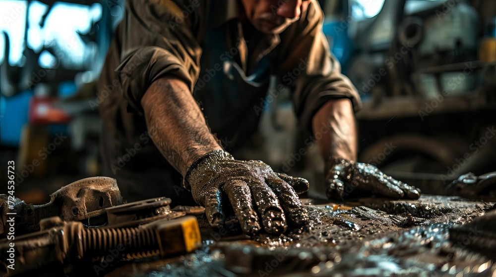 Mechanic Cleaning Hands with Rag after Repairing Machinery in Workshop Mechanic Cleaning Hands with Rag after Repairing Machinery in Workshop