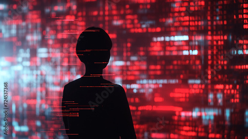 Silhouette von Kopf eines Hackers mit digitalen Zahlen Codes Quellcodes im Hintergrund unscharf Datenschutz Symbol Generative AI photo