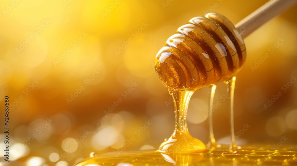 Honey dripping from honey dipper on yellow background.