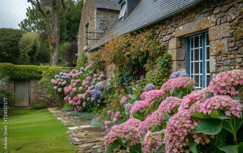 A picturesque scene of a beautiful garden adorned with hydrangeas in Brittany, capturing the serene and colorful ambiance of this floral landscape