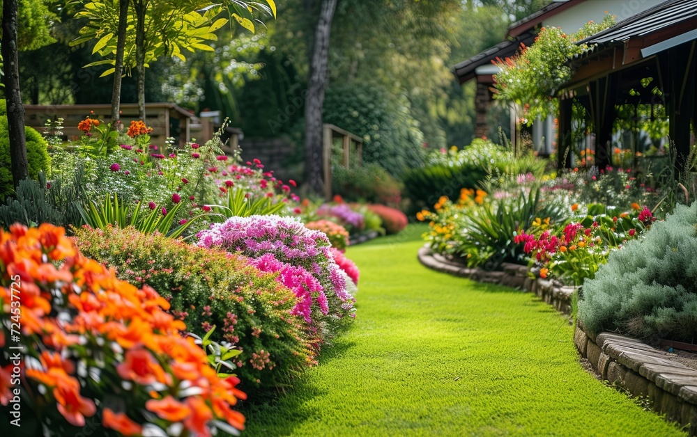 A stunning view of a beautiful home garden in full bloom, showcasing a vibrant array of flowers and lush greenery, creating a picturesque and inviting atmosphere