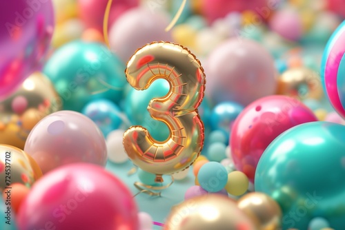 3. Geburtstag, "3" aus goldenem Heliumballon, bunte Luftballons im Hintergrund, farbenfrohe Kinderparty