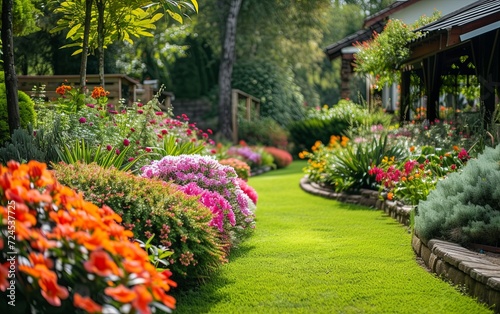Fototapeta Naklejka Na Ścianę i Meble -  A stunning view of a beautiful home garden in full bloom, showcasing a vibrant array of flowers and lush greenery, creating a picturesque and inviting atmosphere