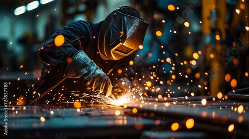Professional Welder at Work, Wearing Safety Gear, Welding Metal Material with Sparks Flying in Industrial Setting