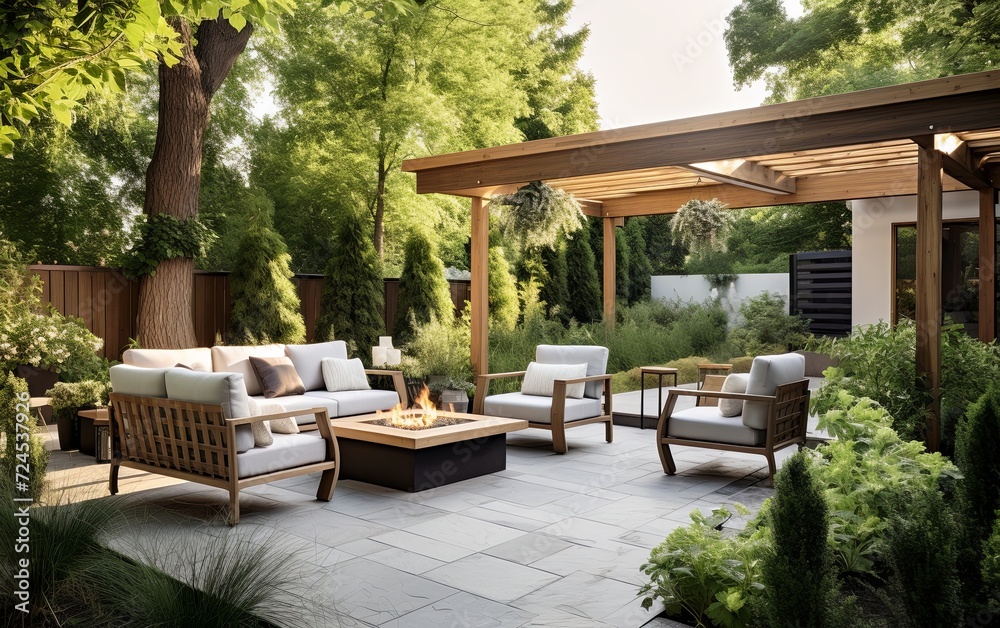 Beautifully designed backyard and patio landscape, harmonizing lush green plants to craft an inviting and stylish outdoor retreat
