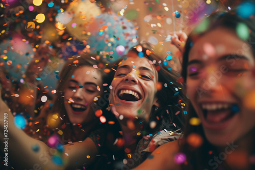 Friends have fun on party with throwing confetti