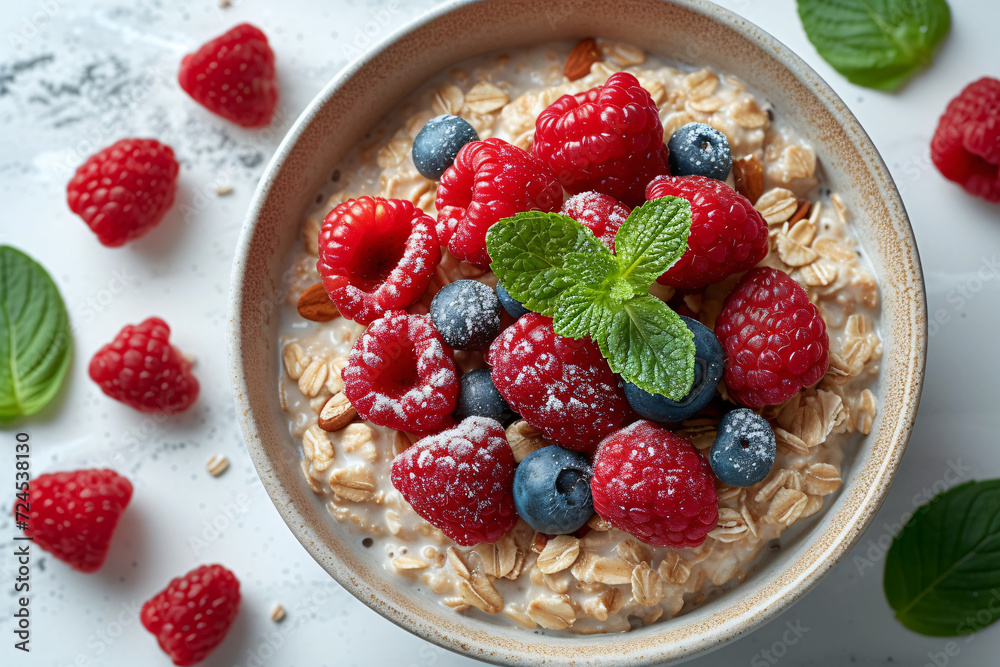 Oatmeal with assorted berries and mint leaves Oatmeal with assorted berries and mint leaves