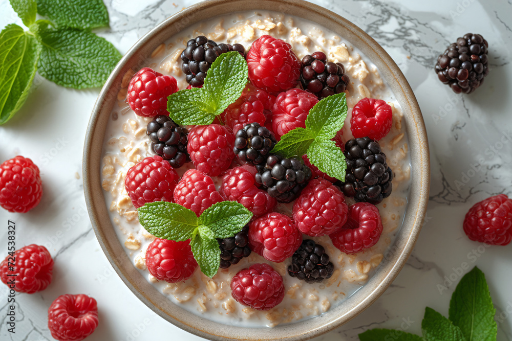 Oatmeal with raspberries and blackberries in a bowl Oatmeal with raspberries and blackberries in a bowl