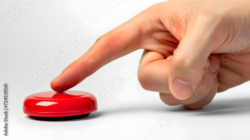 Closeup hand presses the big red button. The concept of the threat of nuclear war isolated on white baclground