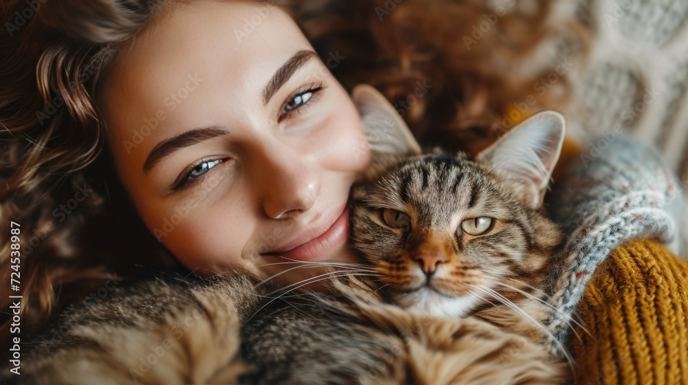 young woman holding cute cat with green eyes. Female hugging her cute long hair kitty. Background young woman holding cute cat with green eyes. Female hugging her cute long hair kitty. Background
