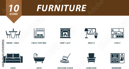 Furniture icons set. Creative icons: dining table, two story bed, fireplace, decor, shelf, sofa, bath, rocking chair, armchair, wardrobe.