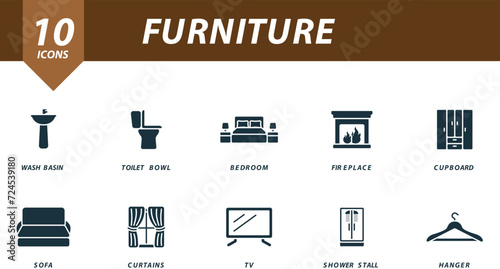 Furniture icons set. Creative icons: washbasin, toilet bowl, bedroom, fireplace, cupboard, sofa, curtains, tv, shower stall, hanger.