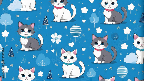blue wrapping paper with cute kitten cat cartoons