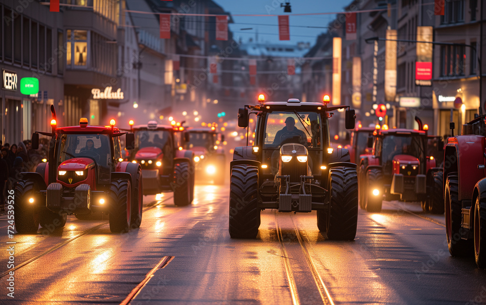 Fototapeta premium Many tractors blocked city streets and caused traffic jams in city. Agricultural workers protesting against tax increases, changes in law, abolition of benefits on protest rally in street.