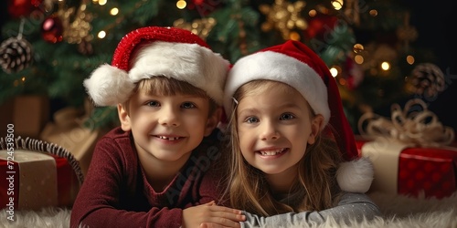 Christmas xmas home holiday celebration - Happy smiling, children siblings , european boy and girl with santa claus hat, gift boxes and christmas tree, Generative AI