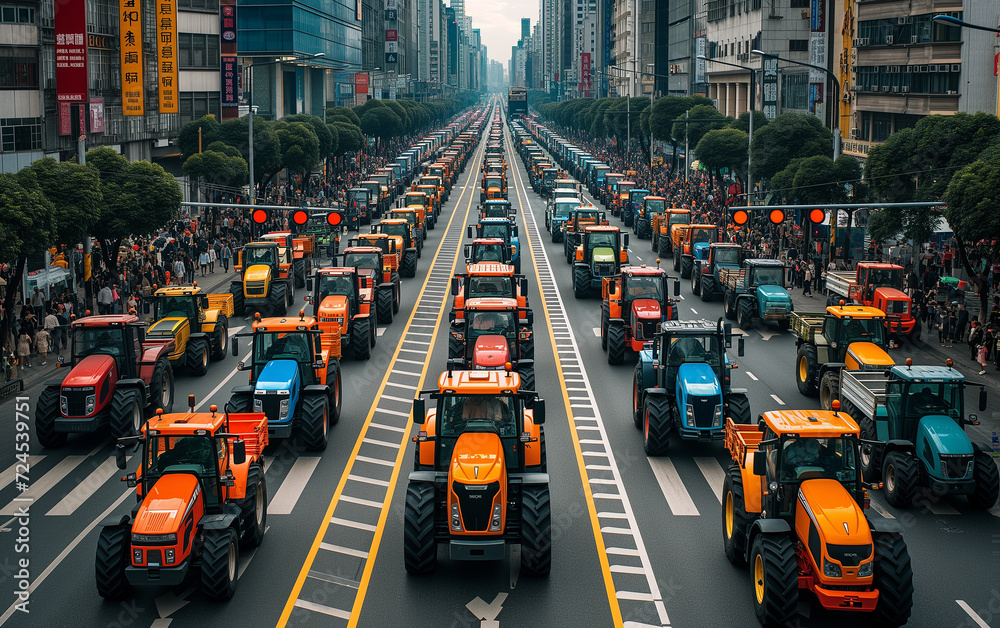 Many tractors blocked city streets and caused traffic jams in city. Agricultural workers protesting against tax increases, changes in law, abolition of benefits on protest rally in street.