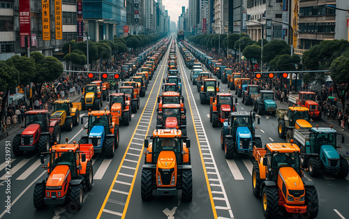 Many tractors blocked city streets and caused traffic jams in city. Agricultural workers protesting against tax increases, changes in law, abolition of benefits on protest rally in street.