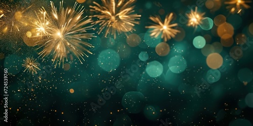 Silvester Sylvester 2024 New year New Year's Eve Party background banner panorama illustration - Abstract gold firework fireworks on dark green texture with bokeh, Generative AI
