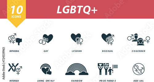 LGBTQ plus icons set. Creative icons: biphobia, gay, lesbian, bisexual, cisgender, intersex, living openly, rainbow, pride parade, asexual.