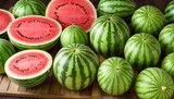 Flat Style Vector Illustration: Many Big Sweet Green Watermelons
