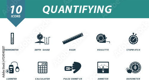 Quantifying icons set. Creative icons: thermometer, depth gauge, ruler, roulette, stopwatch, luxmeter, calculator, pulse oximeter, ammeter, barometer.