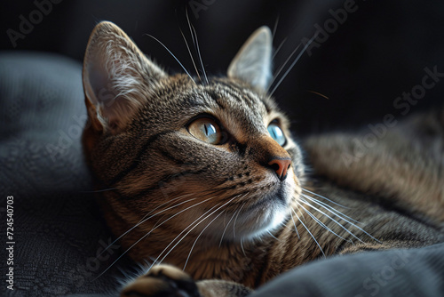 Close-up of tabby cat with focused expression against a dark background © youriy