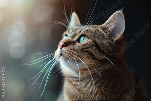 Tabby cat gazing upwards with blurred background